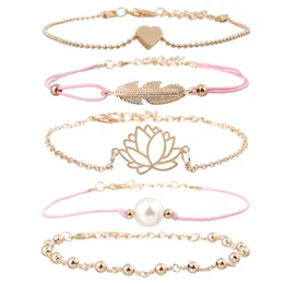 Bransoletki urok bransolety 5 szt./Zestaw Bohemian Bransoletę dla kobiet plecione perłowe lotus lawe liść różowy koraliki łańcuchowe łańcuch bangle boho biżuteria