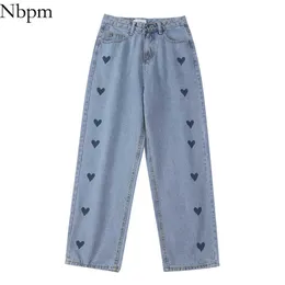 Nbpm Fashion Heart Print Wide Leg Jeans Woman High Waist Girls Streetwear Baggy Jeans Loose Bottom Pants Denim Trousers 210529