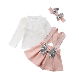 1-6Y Maluch Kid Baby Girls Ubrania Zestaw Z Długim Rękawem Koronki Ruffles T Shirt Topy + Łuk Tutu Strap Spódnice Księżniczka Kostiumy Kid 211021