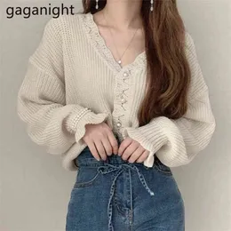 Gaganight knit kvinnor elegant tröja våren höst mode solid casual lös cardigan beading singel breasted ruffles kardigan 210918