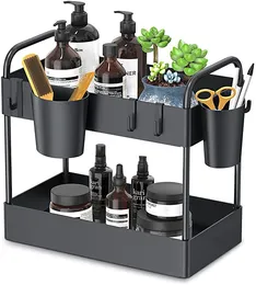 Under Sink Organizer, 2 Tier Kitchen Under Sink Storage Bathroom Countertop Organizer with 6 Hooks 2 Hanging Cups and Anti-Foot for Bathroom Kitchen