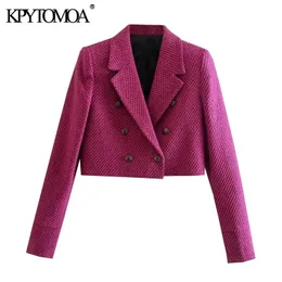 KpyTomoa Women Fashion z metalowym przyciskiem Cropped Tweed Blazer Płaszcz Vintage Z Długim Rękawem Kobiet Odzież Odzszenia Chic Veste Femme 211122