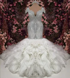 Роскошная хрустальная русалка арабское свадебное платье 2023 свадебные платья бусинки оборки придворные поезда иллюзия обратно рубца деариб FF55