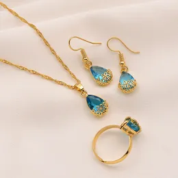 24K Fine Gold Filled Pendant Earrings Ring chain Water Drop sapphire Crystal Rectangle Gem with Channel Bridal Jewellery