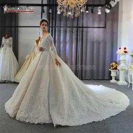 2022 Luxury Light Champagne V Neck Crystal Lace Ball Gown Wedding Dresses Muslim Long Sleeves Open Back Plus Size Bridal Gown Real Pictures BC10219