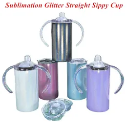 TWO LIDS!!! 12oz Sublimation STRAIGHT sippy cup Glitter Tumbler Subliamtion baby cup kids tumbler Stainless Steel tumbler with handle Sucker Cup