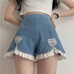 YBYr Cute Lolita Girls Denim Spodenki Japoński Słodka Wysoka Talia Koronki Nieregularne damskie S-4XL Summer Kawaii Sexy Blue 210724