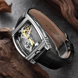 Topselling Przezroczyste Zegarki Męskie Mechaniczne Automatyczny Wristwatch Skórzany pasek Top Steampunk Self Rontring Zegar Mężczyzna Montre Homme Watch