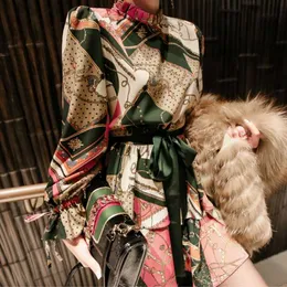 Autumn Women chain Print Pleated Chiffon Dress Fashion Female Casual Long Sleeve belted Slim Basic Dresses 210529