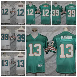 MI08 MENS Vintage Football Jerseys 12 Bob Griese 13 Dan Marino 39 Larry Csonka Retro Jersey Stitched Name Teal Green Shirts M-XXXL