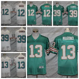 Мужские винтажные футбольные майки 12 Bob Griese 13 Dan Marino 39 Larry Csonka Retro Jersey сшитое имя Teal Green Shirts M-XXXL