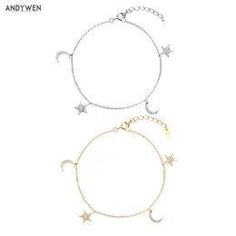 Andywen 2020 925スターリングシルバースタームーンチャームブレスレットチェーン女性ファッション高級クリスタルパーティージュエリー