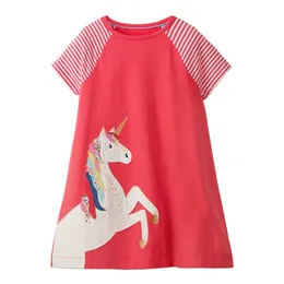 Summer Girls Dress A Line Paski Dorywczo O-Neck Sukienka Bawełna Jednorożec Koń Dzieci Sukienki Dziewczyny Dzieci Dresses Dla Dziewczyn 210713