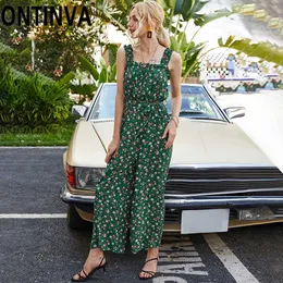 Women Green Jumpsuit Summer Floral Print Overalls with Ruffles Trim Sleeveless Straps Rompers Sashes Wide Leg Loose Pants 210527