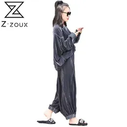 Z-Zoux Sets de Mulheres Veludo Batwing Manga Mulher Tops com Calças de perna larga Dois pedaço conjunto plus tamanho mulheres roupas outono 210930