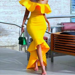 Afrikanska ljusgula sjöjungfrun prom klänningar hög låga ruffles av axel cocktail party klänning kort framsida lång baksida speciellt tillfälle bära kvällsklänningar 2022