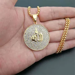 Hip Hop Landed Out Round Allah Naszyjnik Naszyjnik ze stali nierdzewnej Islam Muzułmanin Arabski Złoty Kolor Modlitwa Biżuteria Drop