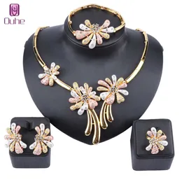 Frauen Dubai Gold Farbe Kristall Blume Halskette Ohrring Ring Armreif Erklärung Zubehör Party Schmuck Set H1022