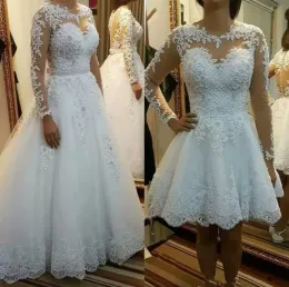 2022 Dubai Abiti da sposa Abito da sposa con strascico staccabile Tulle Applique in pizzo Perline Custom Made Maniche lunghe Pieghe arricciate Arabo Plus Size vestido de novia