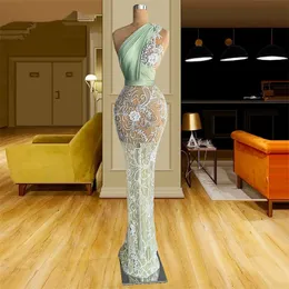 Mint Green Mermaid Evening Dresses Lace Appliques One Shoulder See Through Women Prom Dress Floor Length Illusion Robe De Soriee