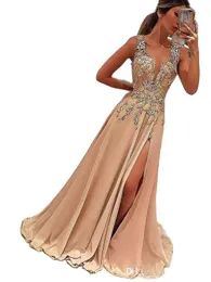 Long Evening Dresses Formal Gowns Floor-Length A-Line Princess V-neck Sleeveless Applique Silk like Satin Dresses333I