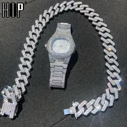 Hip hop 1kit 20mm klocka + halsband + armband tung iced rhinestones prong kubansk kedja cz bling rapper halsband för män smycken