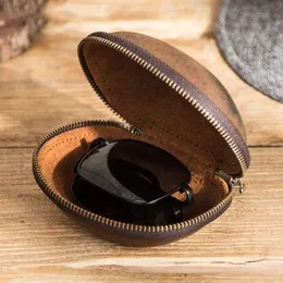 Vintage Cow Leather Protable Folding Sunglasses Protector Travel Pack Pouch Glasses Case Zipper Box Hard Eyewear 220302