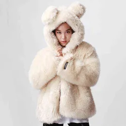 Selling Creative Fur Women's Coat Hooded Bear With Ears Cute Girl Little Fresh Imitation Rabbit Fur Coat 211213