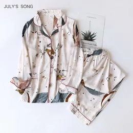 JULY'S SONG 100% Viscose Women Pajamas Casual Long Sleeve Sleepwear Pajamas Set Printed Pockets Summer Cool Pyjama Suit Femmel 210708