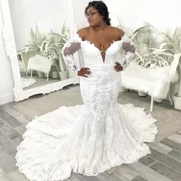 Amazing Mermaid Plus Size Lace Wedding Dresses Off The Shoulder Neck Bridal Gowns With Long Sleeves Sweep Train robe de mariée