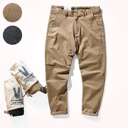 Men's Pants American Retro Heavyweight Woven Casual Tooling Fashion Slim CHINO Elastic Washed Old Twill Khaki Straight Trousers