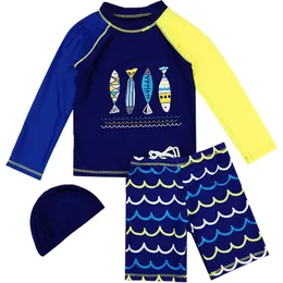 Summer Children'S Swimsuit Boys Sunscreen Long-Sleeved Top Surfing Beathwear Baby Handsome Quick-Drying Surf 3pcs Suit 210625