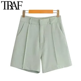 TRAF Women Chic Fashion Side Pockets Straight Shorts Vintage High Waist Zipper Female Short Pants Pantalones Cortos 210611