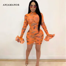 Anjamanor Tie Dye Sheer Mesh Drwomen Sexy Club Dresses 2020 Se genom Ruffle Långärmad Mini Bodycon DRD37-CH18 X0529