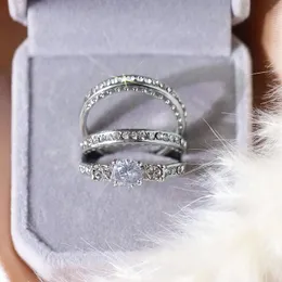 Bröllopsringar 3st Fashion Silver Color Ring Set för kvinnor Män älskare Runt skärande strass kristallengagemangsfinger