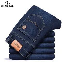 Shan Bao Sonbahar Bahar Gömme Düz Streç Denim Kot Klasik Tarzı Rozeti Gençlik erkek Iş Rahat Kot Pantolon 211120