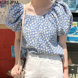 Korjpaa Kvinnorskjorta Sommar Koreanska Chic Åldersreducerande Söt Fullskärm Daisy Round Neck Loose Short Puff Sleep Blouses 210526