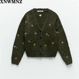 XNWMNZ Za women Vintage knit cardigan with embroidery Long sleeves V-neck ribbed trims Cardigan Female Elegant sweater Outerwear 211011