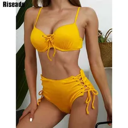 Riseado Wysoka Talia Bikini Push Up Swimwear Swimsuit Damski Swimsuit Żółty Bikinis Koronki Sexy Pasek Biquini Kostium Kąpielowy Lato 210712