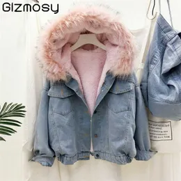 Gizmosy Thick Faux Fur Collar Denim Jacket Cotton-padded Women Winter Hooded Warm Jean Parkas Female Bomber Coat 211018