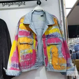 Modne kurtki dżinsowe damskie wiosna jesień ręcznie malowane kolor Graffiti jeansowa kurtka płaszcz na co dzień luźna moda uliczna 210601