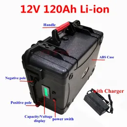 Vattentät 12V 120AH 100AH ​​LITIUM JON Batteri 12V med BMS 3S LCD -skärm för fiskebåtsolpanelinverterare+10A -laddare