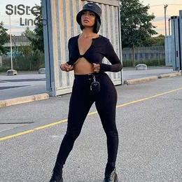 Sisterlinda Women Fitness Deep Y2K V Neck Crop Tops+Pants Co-Ord Matching Set Fall Casual Street Solid Clothes Female Sportswear Y0625