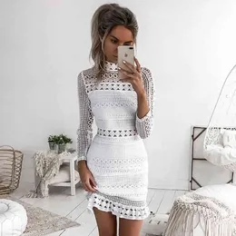 Sibybo Sexy Club Dress White Embroidery Floral Celebrity Zippers Dress Long Sleeve Slim Hollow Lace Dress X0521