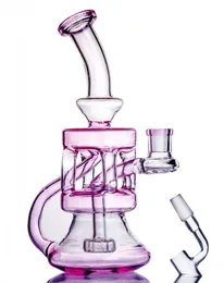 Pink Color Glass Bongs Recycler Hookah Bubbler Blue Water Pipe Concentrate Oil Rigs med 14mm Joint Banger Rökningstillbehör