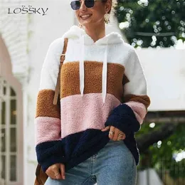 Lossky Women Hoodies Sweatshirt Striped Patchwork Ladies Long Sleeve Pullover Plush Top Autumn Winter Female Warm Clothing 210909