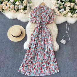 Sukienka Summer Women Dress Floral Print Krótki Puff Sleeve Stand Collar Czeski Wakacje Plaża Party Plised Long Maxi 210603