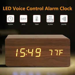 Top LED Trä väckarklocka Tabell Voice Control Digital Wood Despertador Elektronisk skrivbord USB / AAA Powered Clocks Table Decor