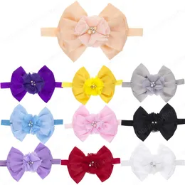 Dreischichtiges einfarbiges Schleife-Baby-elastisches Stirnband, glänzende Perlen, Chiffon-Blumen, Kleinkind-Haarband, Säuglings-Kopfbedeckung, Foto-Requisiten