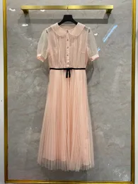 2021 Black/Pink Long Women Dress Milan Runway Peter Pan Collar Short Sleeves Dress Buttons Lace Lining Silk Runway Gown 202126
